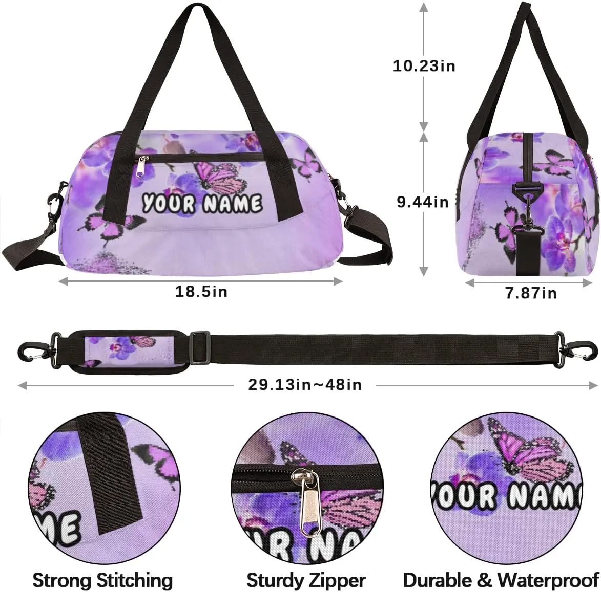 Purple Flower Butterfly Personalized Kids Duffel Bag for Girls, Butterfly Debris Custom Name Dance Bag Overnight Small Duffel Bag Carry On Sports Travel Bag for School Practice Gymnastics Ballet