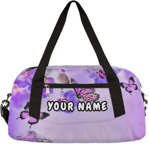 Purple Flower Butterfly Personalized Kids Duffel Bag for Girls, Butterfly Debris Custom Name Dance Bag Overnight Small Duffel Bag Carry On Sports Travel Bag for School Practice Gymnastics Ballet