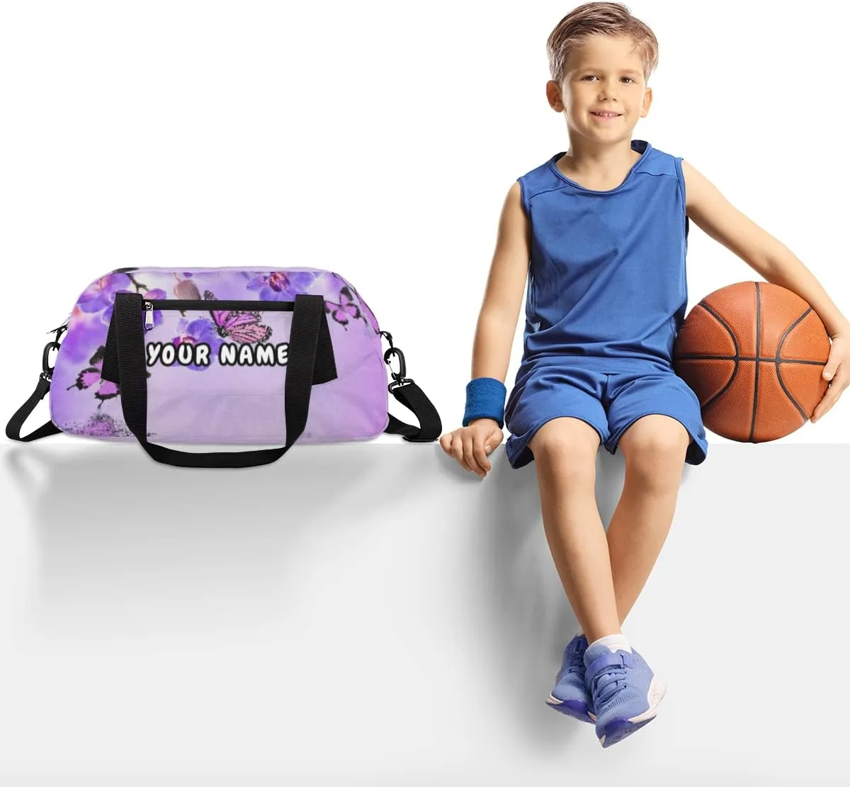 Purple Flower Butterfly Personalized Kids Duffel Bag for Girls, Butterfly Debris Custom Name Dance Bag Overnight Small Duffel Bag Carry On Sports Travel Bag for School Practice Gymnastics Ballet