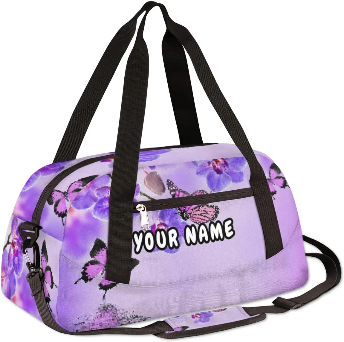 Purple Flower Butterfly Personalized Kids Duffel Bag for Girls, Butterfly Debris Custom Name Dance Bag Overnight Small Duffel Bag Carry On Sports Travel Bag for School Practice Gymnastics Ballet