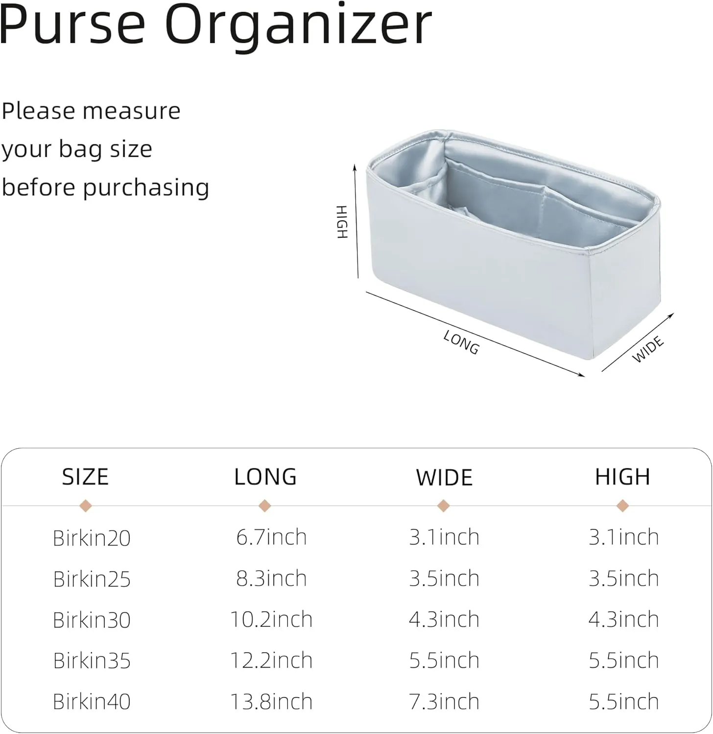 Purse Organizer for Birkin 20/25/30/35/40,Silky Smooth Insert,Lightweight Bag in Bag,Luxury Handbag Storage Accessories(Birkin 25,Blue Pale)