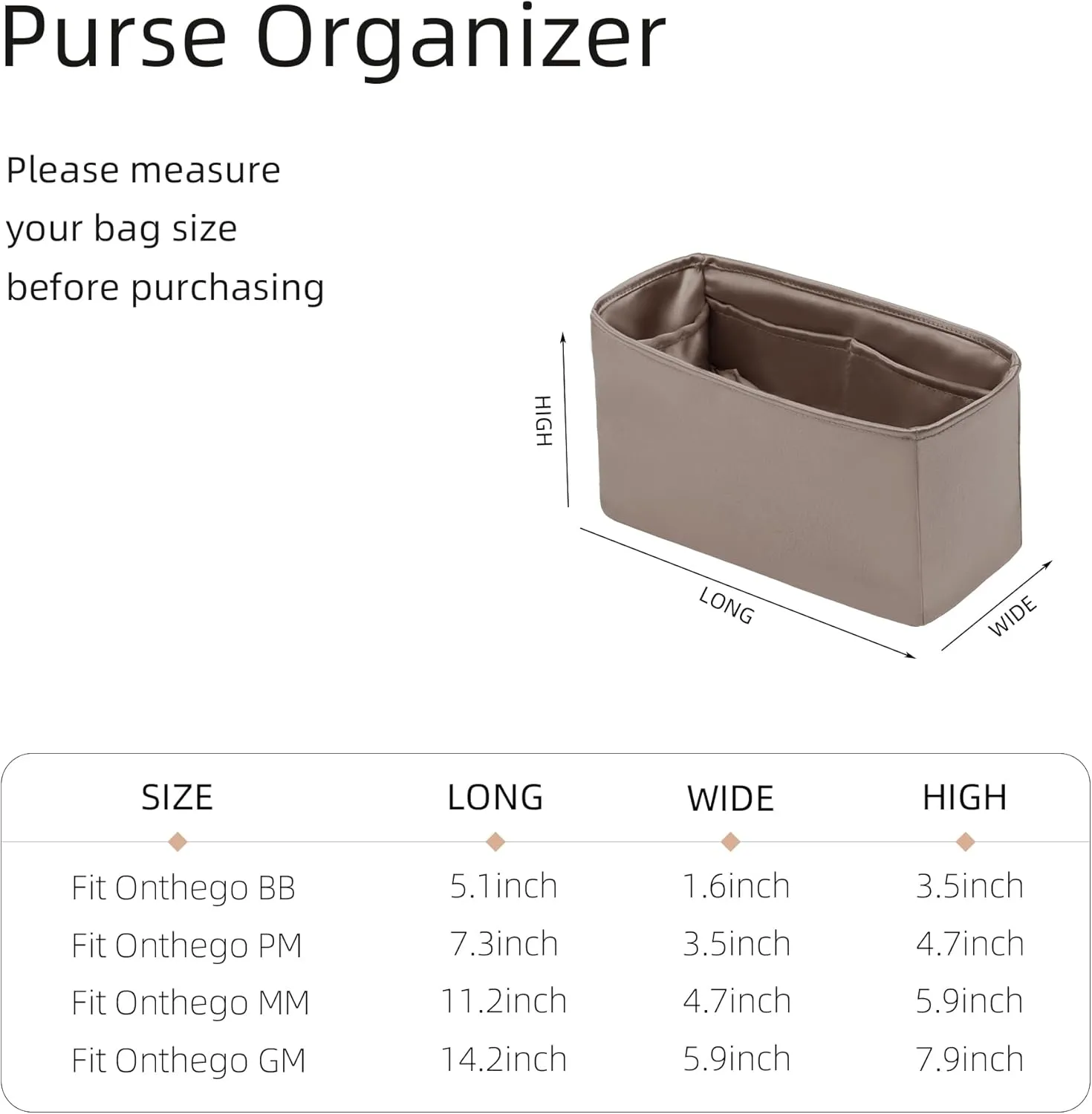 Purse Organizer for LV OnTheGo BB/PM/MM/GM,Silky Smooth Insert,Lightweight Bag in Bag,Luxury Handbag Storage Accessories(onthego GM,Etoupe Grey)