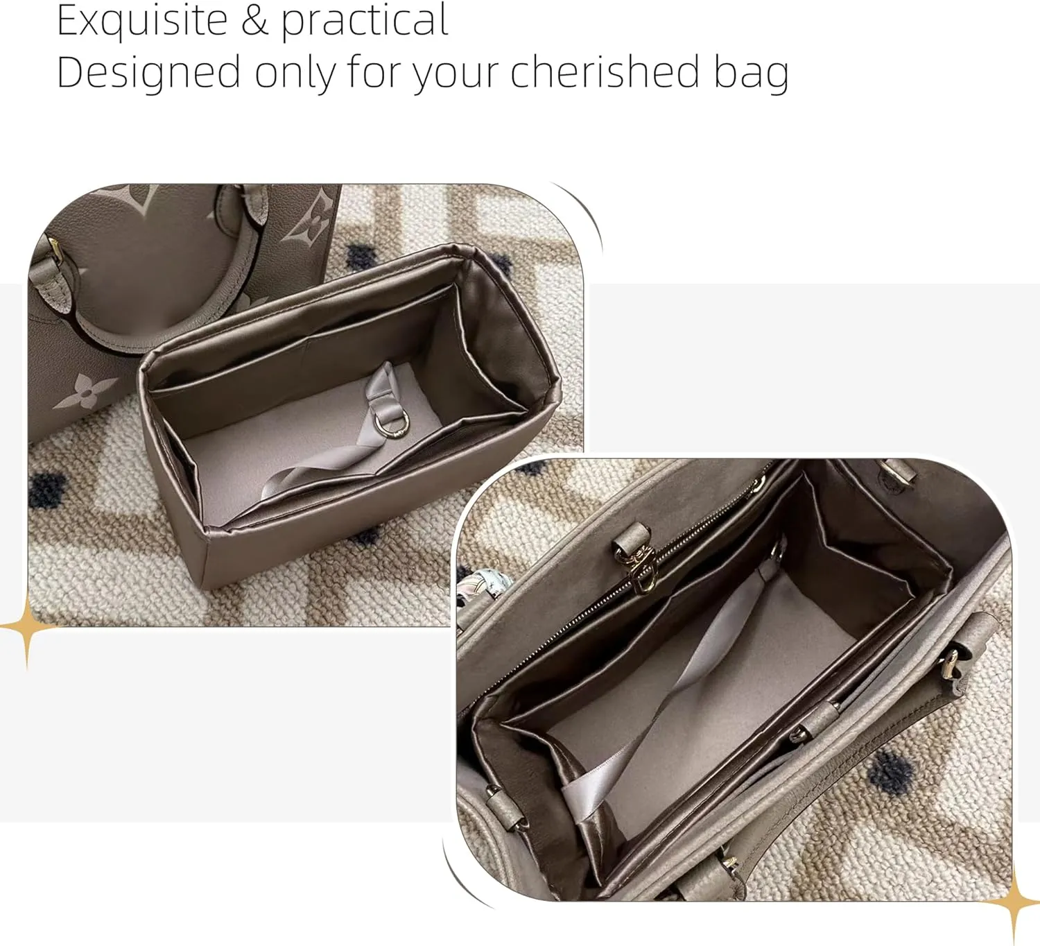 Purse Organizer for LV OnTheGo BB/PM/MM/GM,Silky Smooth Insert,Lightweight Bag in Bag,Luxury Handbag Storage Accessories(onthego GM,Etoupe Grey)