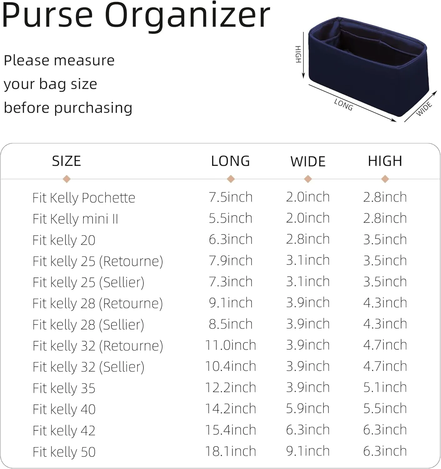 Purse Organizer for Mini Kelly 20/25/28/32/35/40/42/50,Silky Smooth Insert,Lightweight Bag in Bag,Luxury Handbag Storage Accessories(Kelly 25 Retourne,Blue Nuit)
