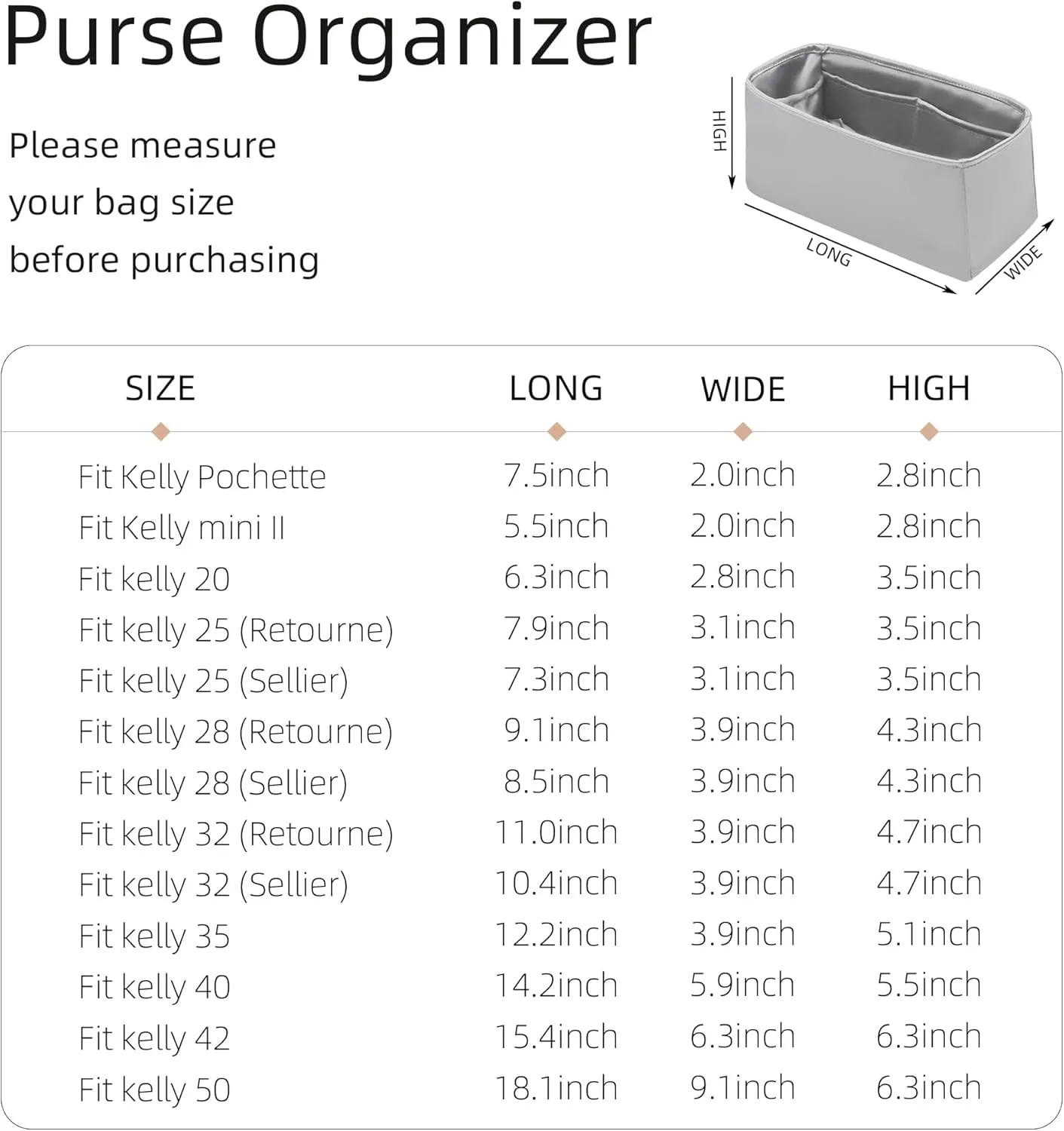 Purse Organizer for Mini Kelly 20/25/28/32/35/40/42/50,Silky Smooth Insert,Lightweight Bag in Bag,Luxury Handbag Storage Accessories(Kelly 25 Retourne,Gris Meyer)
