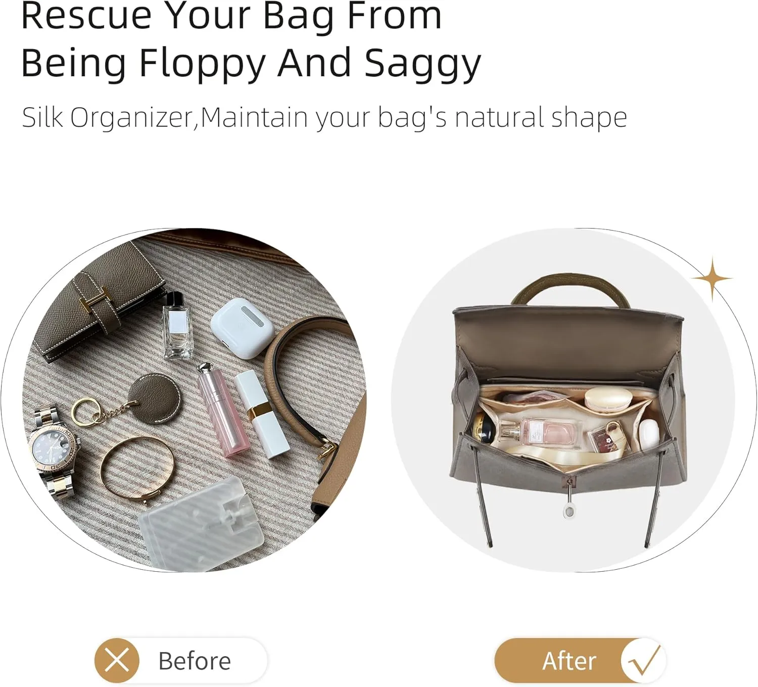 Purse Organizer for Mini Kelly 20/25/28/32/35/40/42/50,Silky Smooth Insert,Lightweight Bag in Bag,Luxury Handbag Storage Accessories(Kelly 25 Retourne,Gris Meyer)