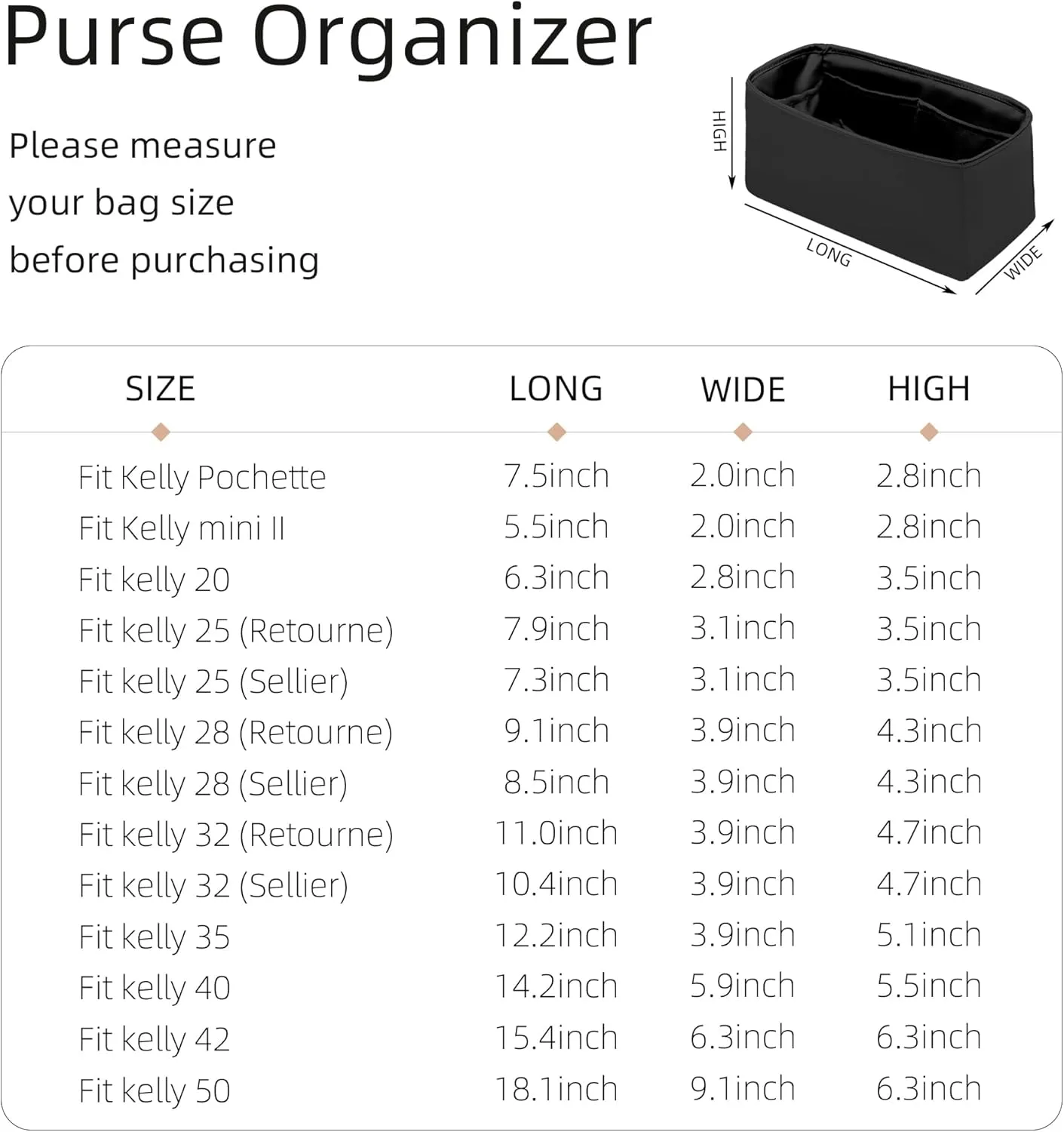 Purse Organizer for Mini Kelly 20/25/28/32/35/40/42/50,Silky Smooth Insert,Lightweight Bag in Bag,Luxury Handbag Storage Accessories(Kelly Pochette,Black)