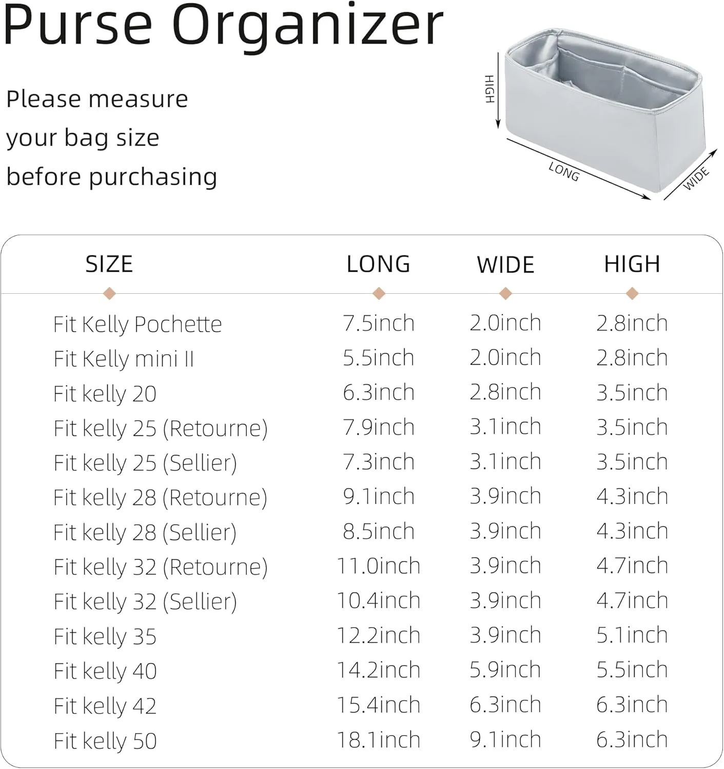 Purse Organizer for Mini Kelly 20/25/28/32/35/40/42/50,Silky Smooth Insert,Lightweight Bag in Bag,Luxury Handbag Storage Accessories(Kelly Pochette,Blue Pale)