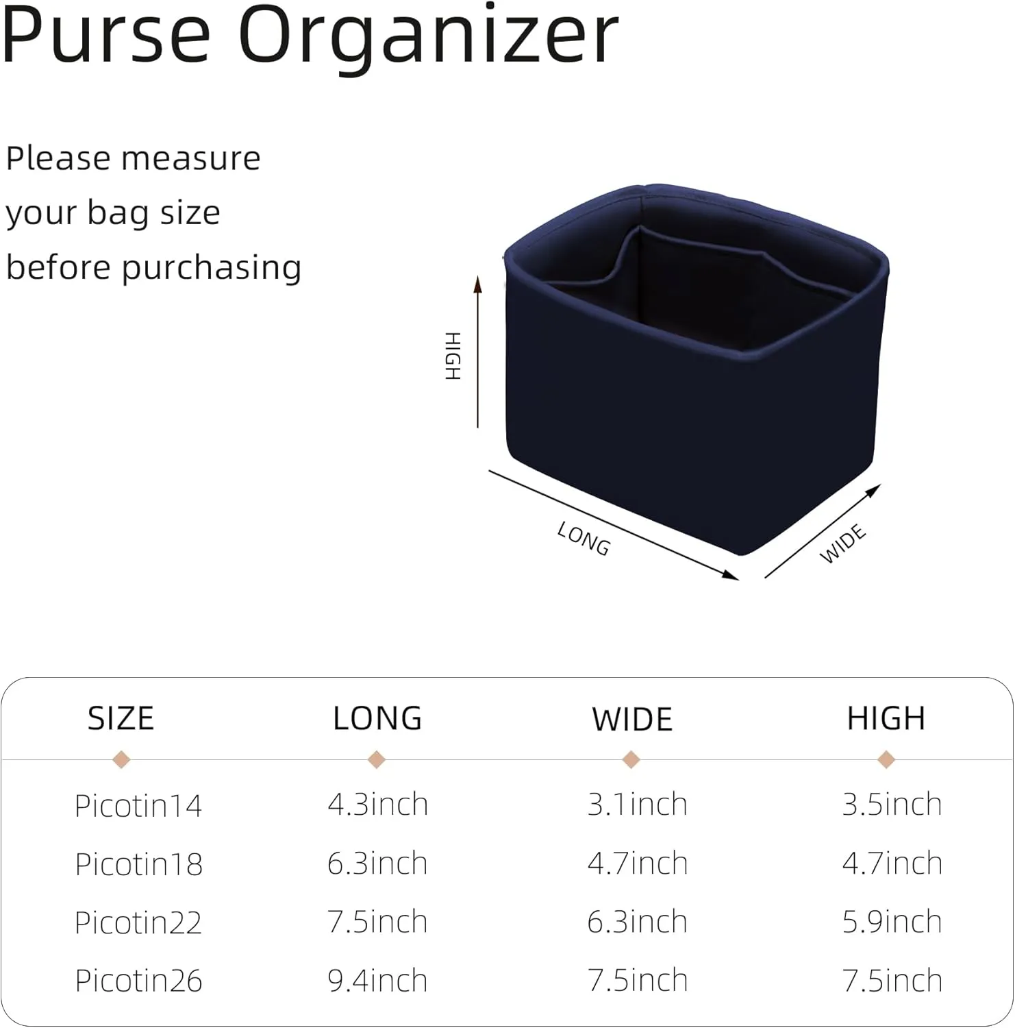 Purse Organizer for Picotin 18/22,Silky Smooth Insert,Lightweight Inside Bag,Luxury Handbag Storage(Picotin 14,Blue Nuit)