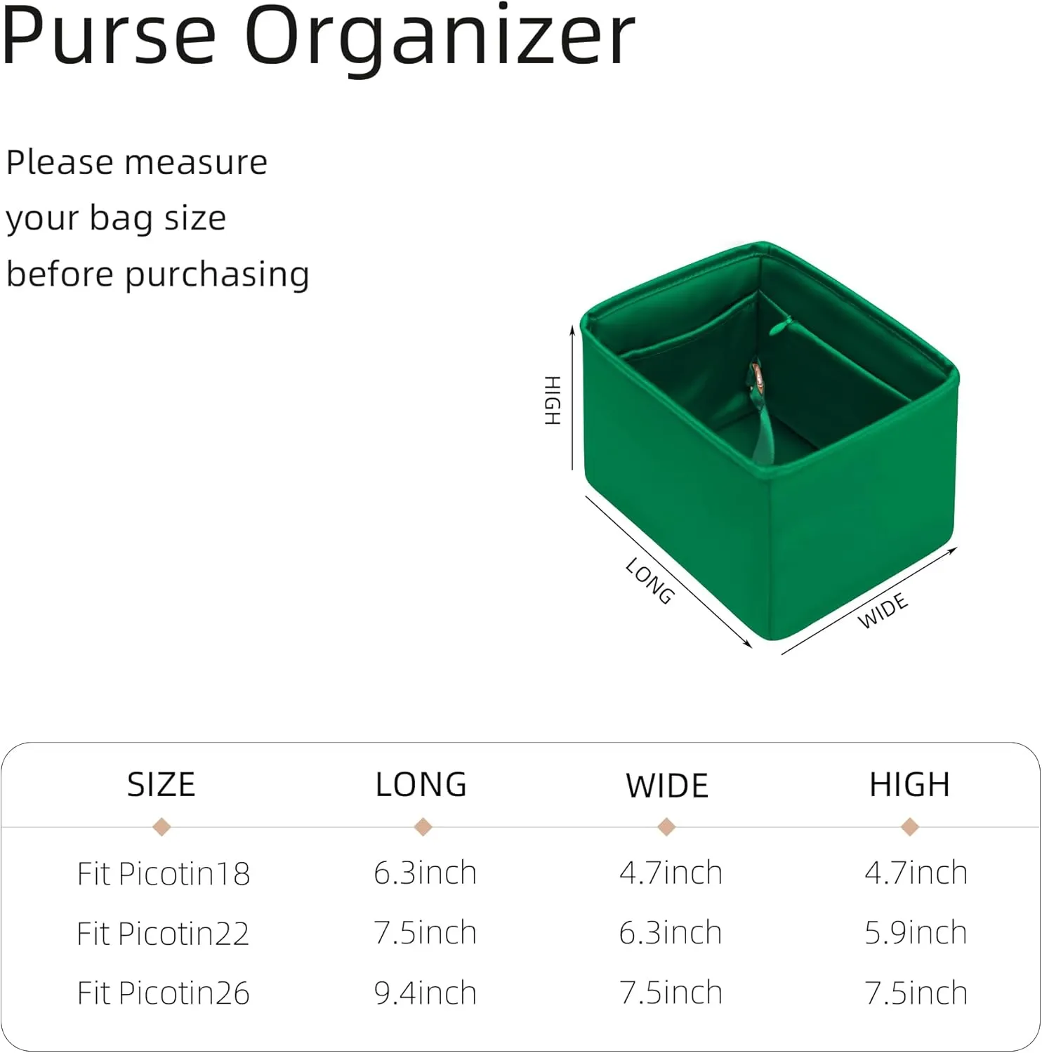 Purse Organizer for Picotin 18/22,Silky Smooth Insert,Lightweight Inside Bag,Luxury Handbag Storage(Picotin 18 with Zipper,Bambou)