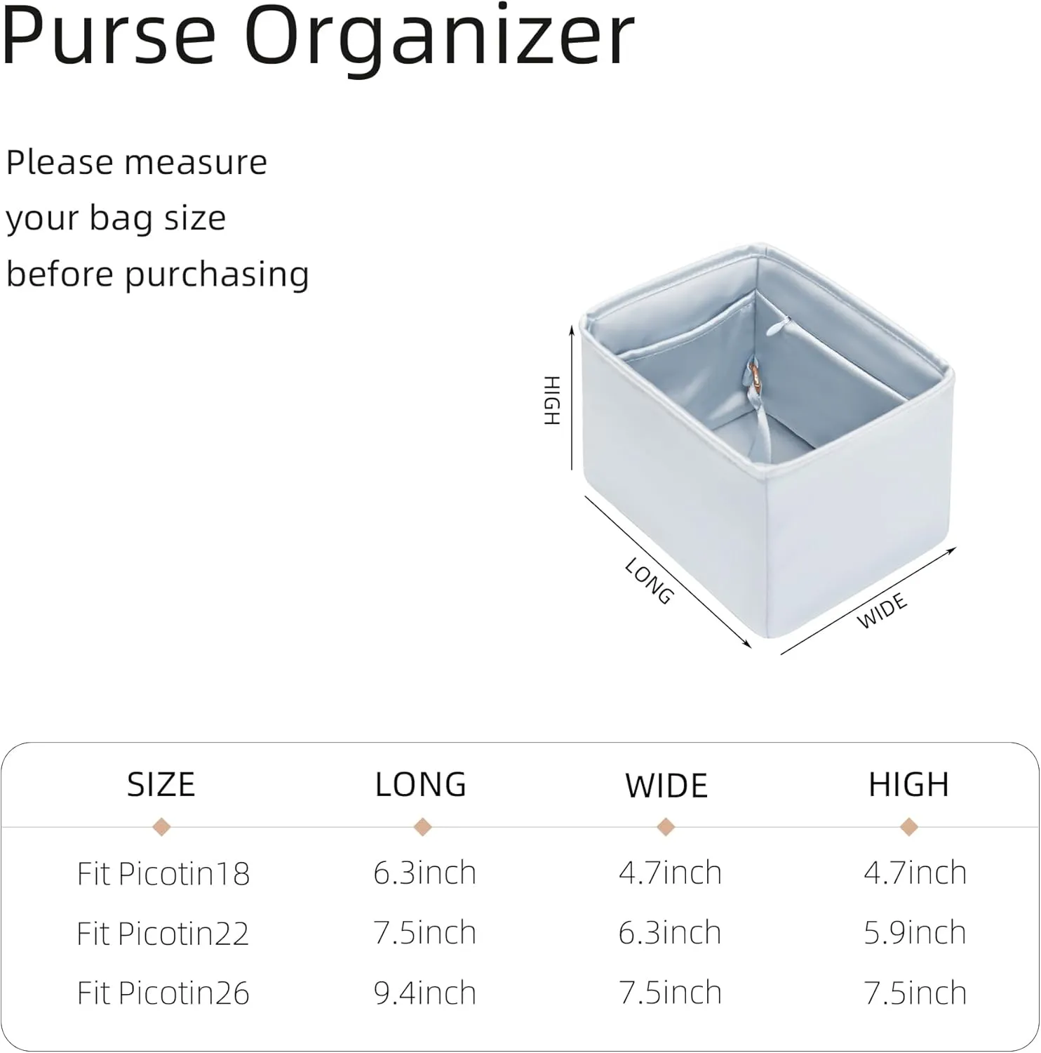 Purse Organizer for Picotin 18/22,Silky Smooth Insert,Lightweight Inside Bag,Luxury Handbag Storage(Picotin 18 with Zipper,Blue Pale)