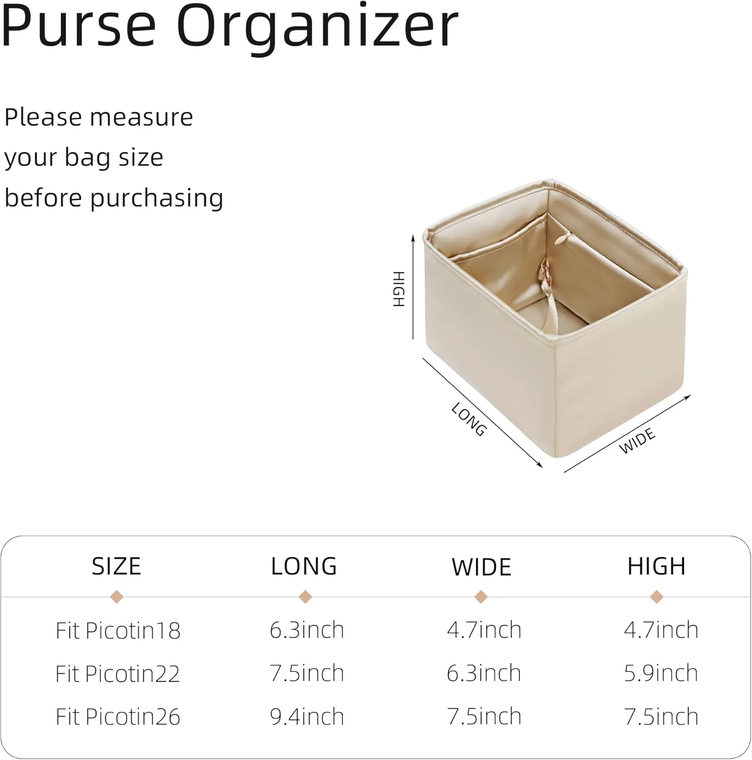 Purse Organizer for Picotin 18/22,Silky Smooth Insert,Lightweight Inside Bag,Luxury Handbag Storage(Picotin 18 with Zipper,Champagne)