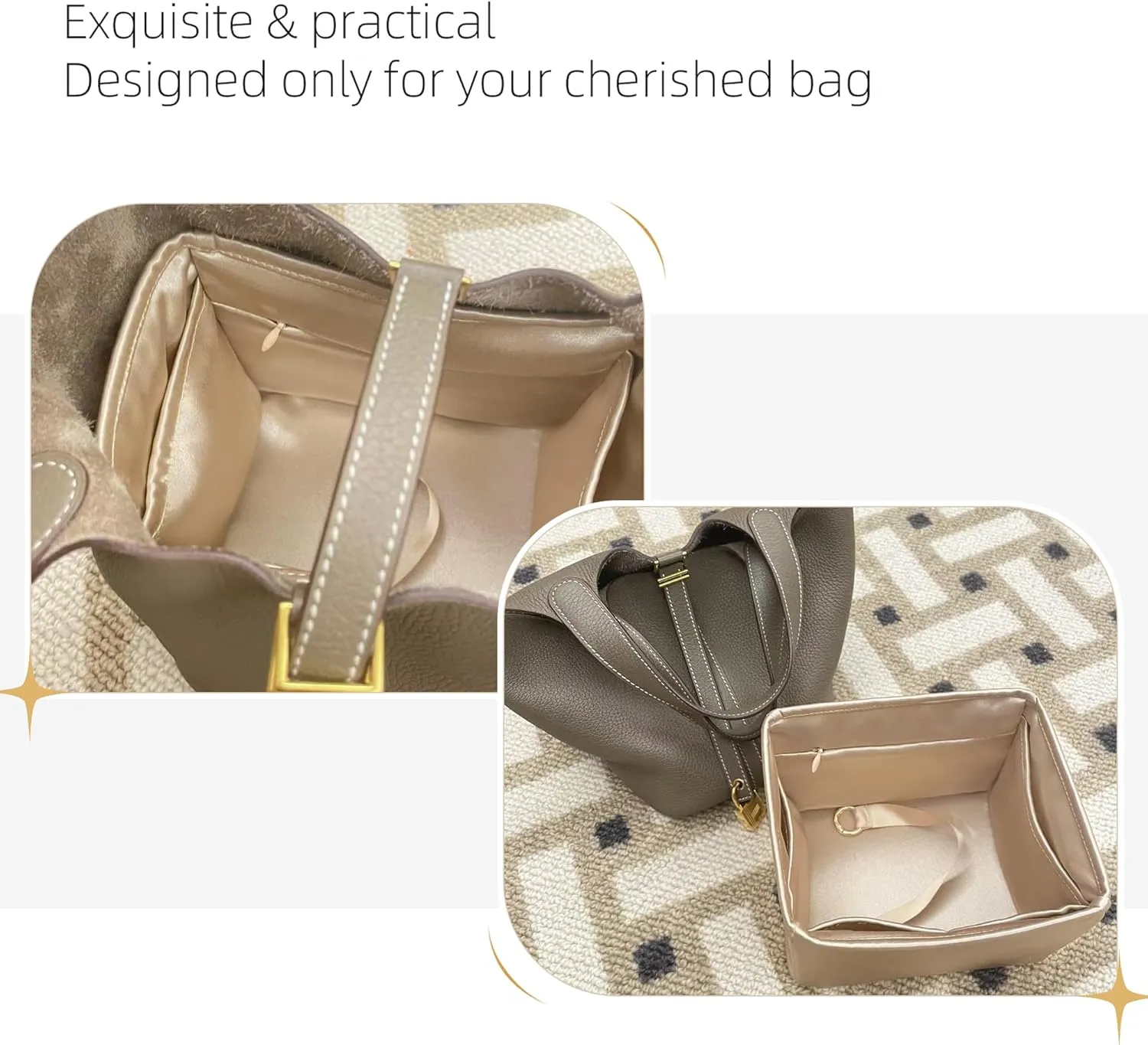 Purse Organizer for Picotin 18/22,Silky Smooth Insert,Lightweight Inside Bag,Luxury Handbag Storage(Picotin 18 with Zipper,Champagne)