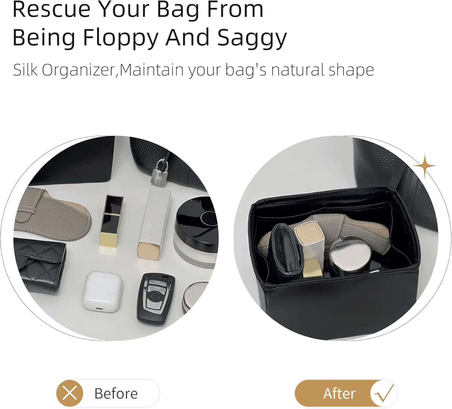 Purse Organizer for Picotin 18/22,Silky Smooth Insert,Lightweight Inside Bag,Luxury Handbag Storage(Picotin 18 with Zipper,Champagne)