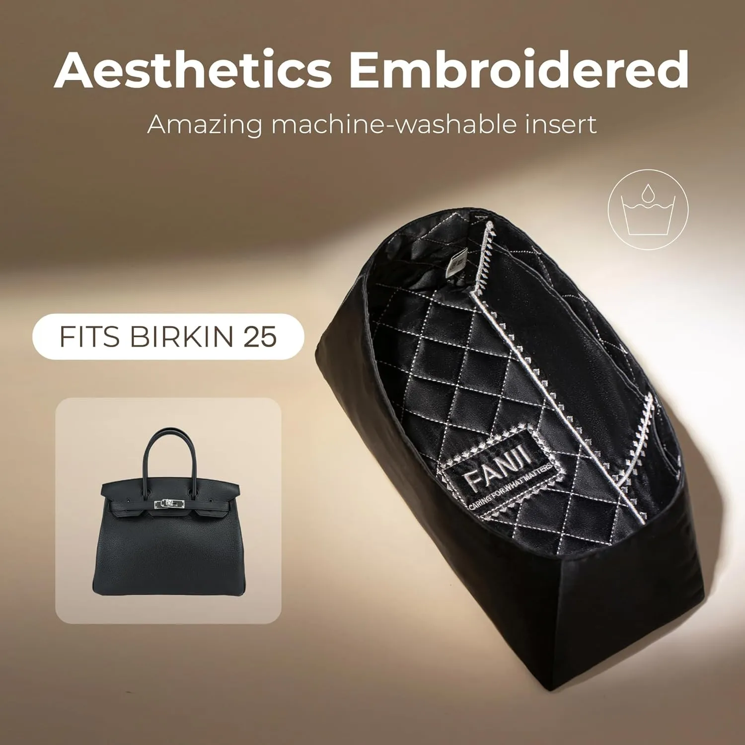 Purse Organizer Insert for Hermes Birkin 25 handbag, Custom Ferfect Fit Inside Premium Aesthetics Embroidered Lightweight Tote Bag Insert Accessories (black)