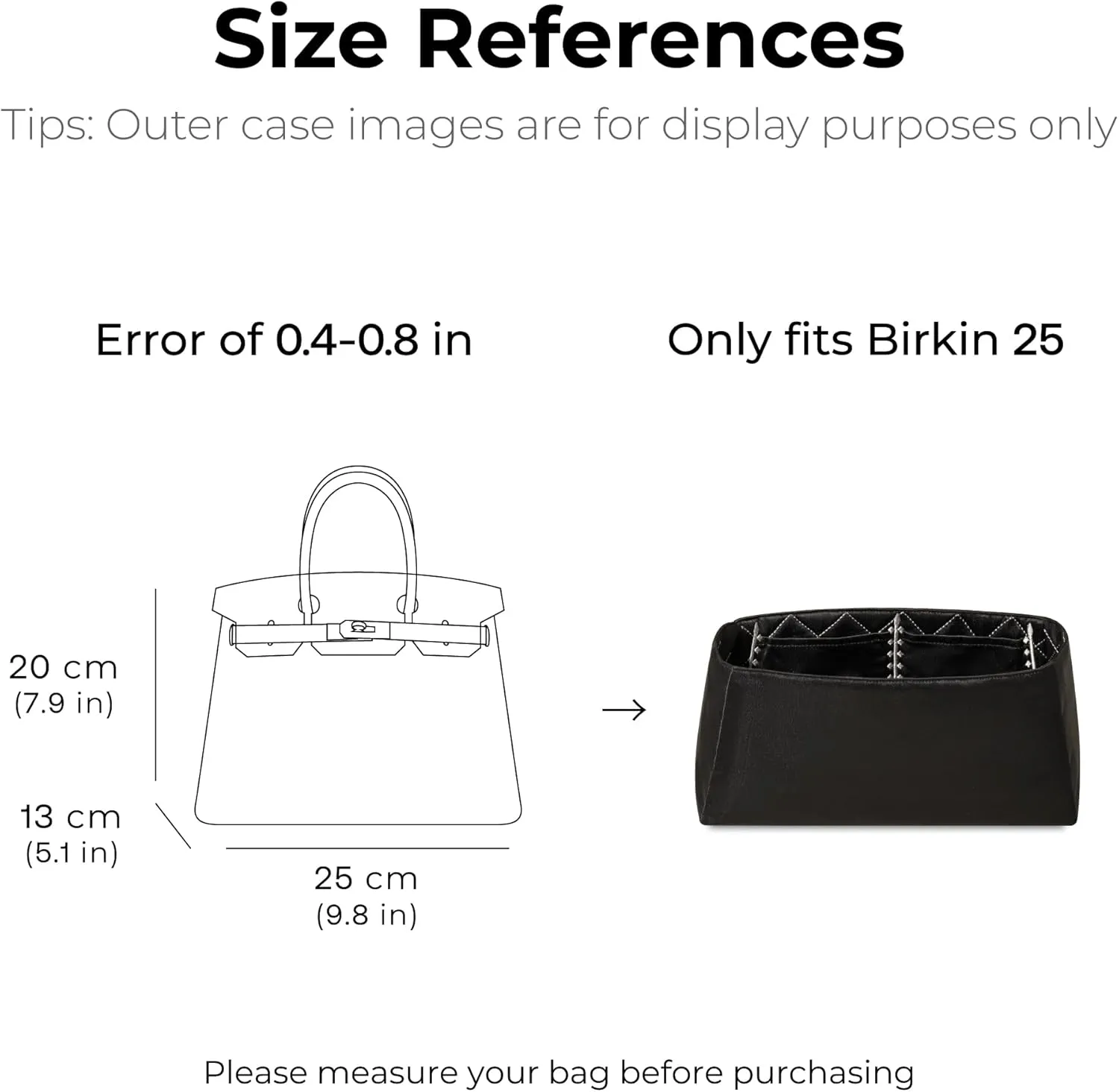 Purse Organizer Insert for Hermes Birkin 25 handbag, Custom Ferfect Fit Inside Premium Aesthetics Embroidered Lightweight Tote Bag Insert Accessories (black)