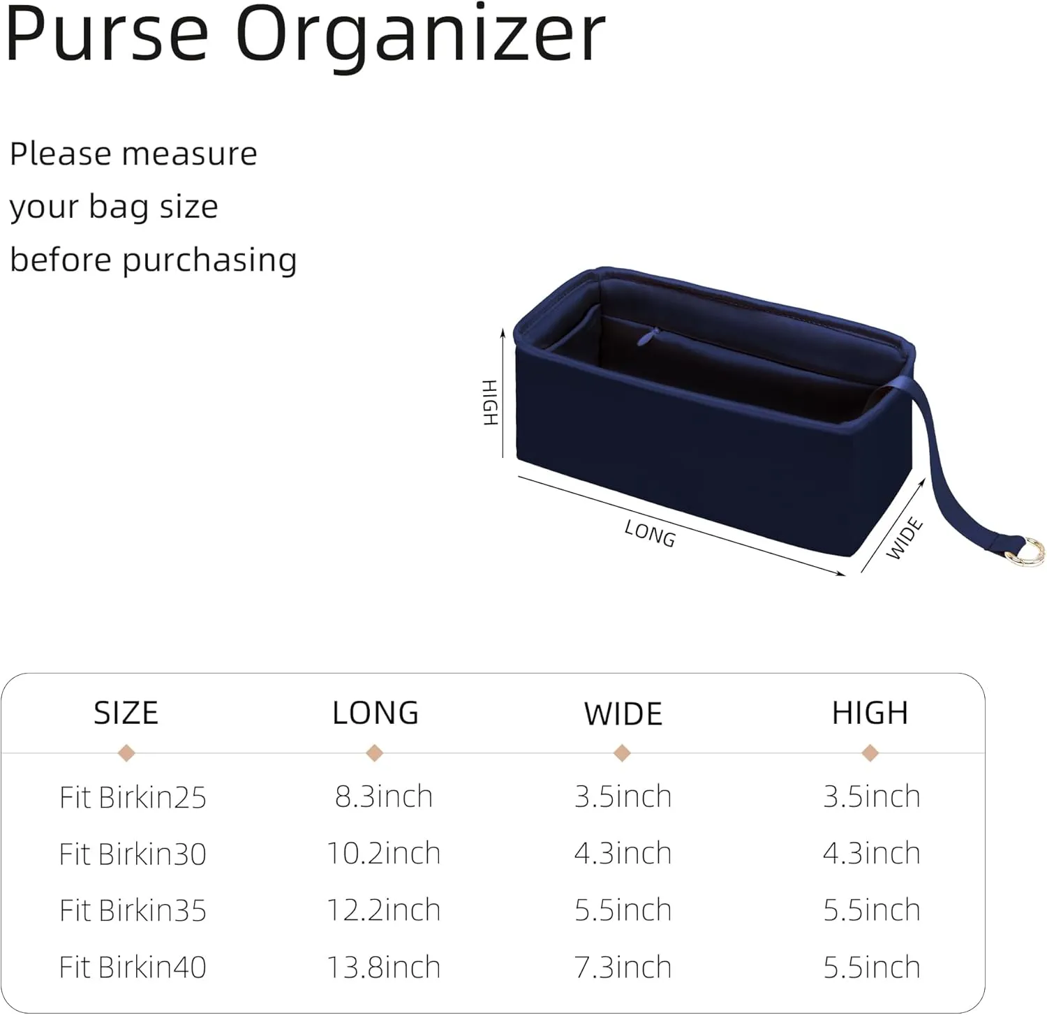 Purse Organizer with Zipper for Birkin 20/25/30/35/40,Silky Smooth Insert,Lightweight Bag in Bag,Luxury Handbag Storage Accessories(Birkin 25 with Zipper,Blue Nuit)