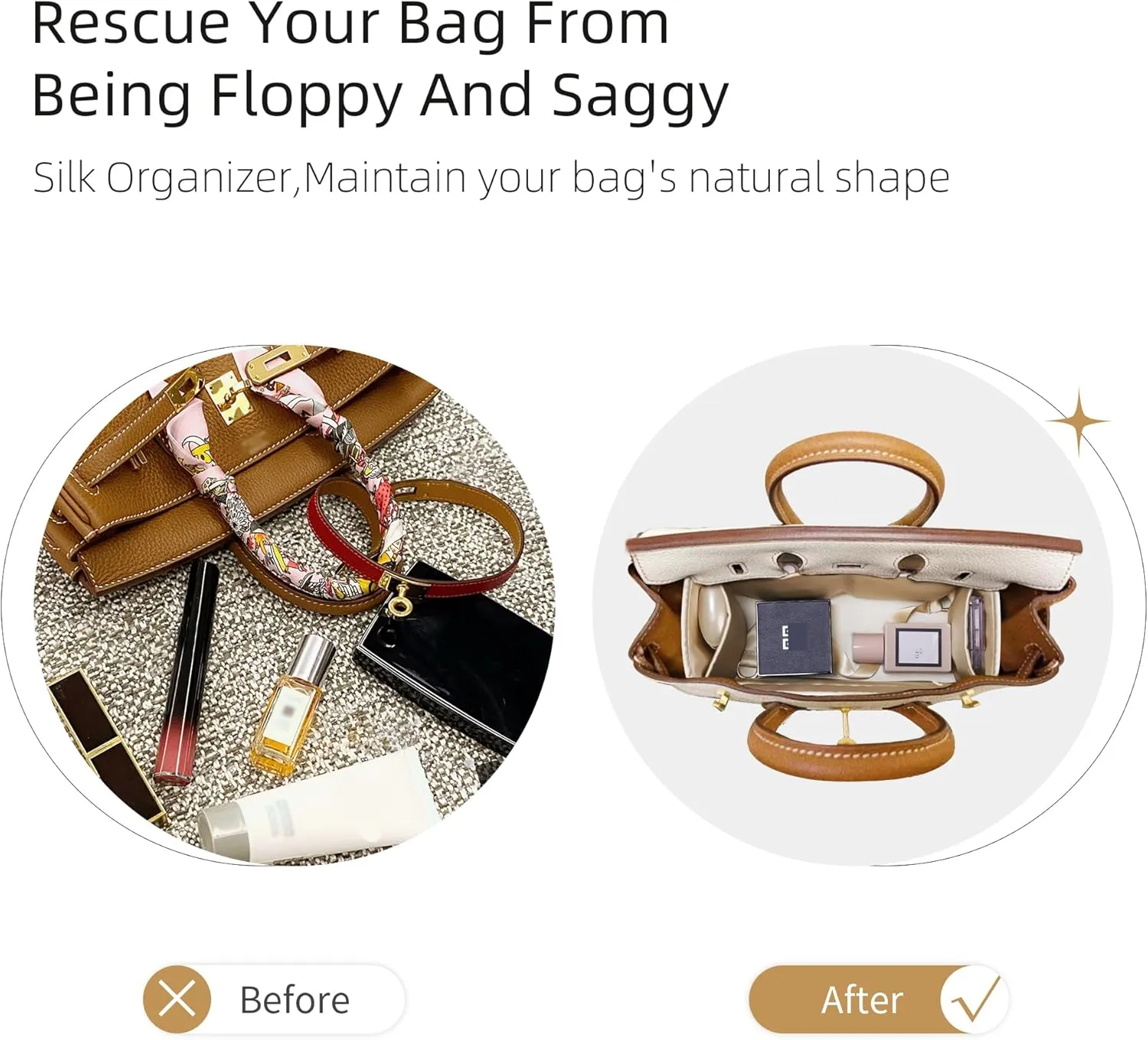 Purse Organizer with Zipper for Birkin 20/25/30/35/40,Silky Smooth Insert,Lightweight Bag in Bag,Luxury Handbag Storage Accessories(Birkin 25 with Zipper,Gold)