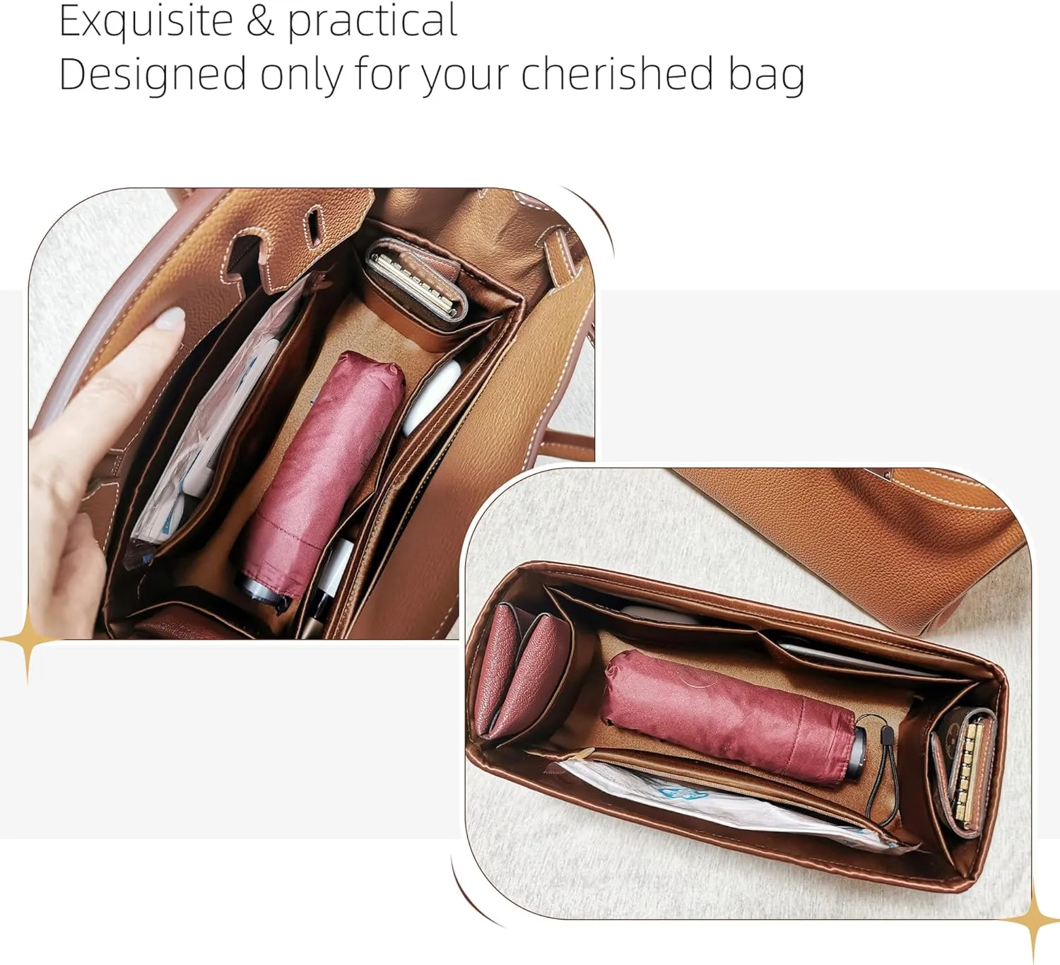 Purse Organizer with Zipper for Birkin 20/25/30/35/40,Silky Smooth Insert,Lightweight Bag in Bag,Luxury Handbag Storage Accessories(Birkin 25 with Zipper,Gold)