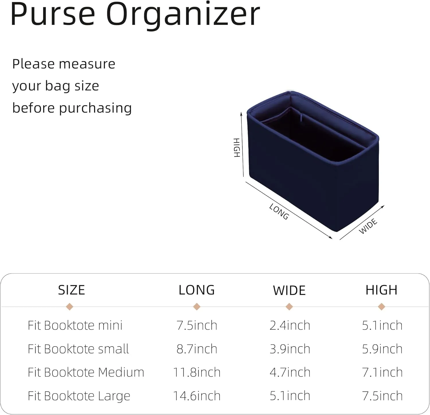 Purse Organizer with Zipper for Dior Book Tote Mini/Small/Medium/Large,Silky Smooth Insert,Lightweight Bag in Bag,Luxury Handbag Storage Accessories(Large with Zipper,Blue Nuit)