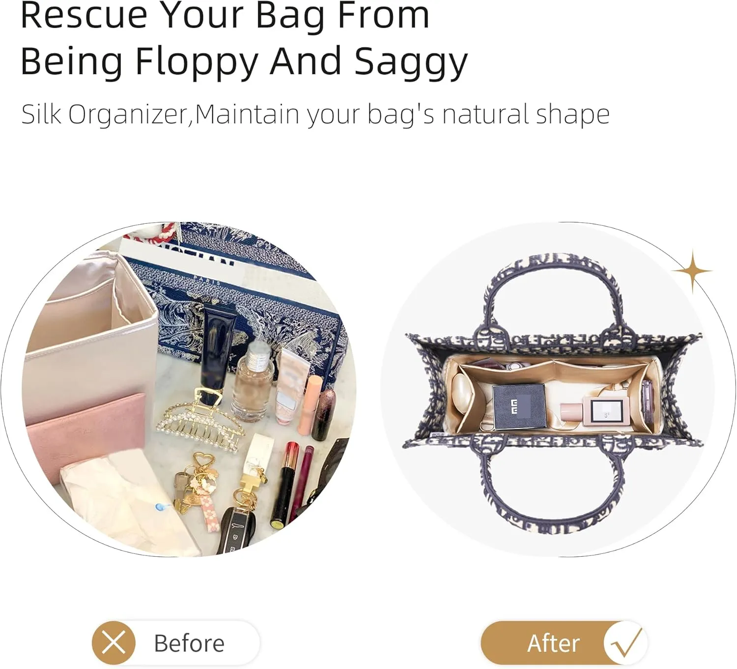 Purse Organizer with Zipper for Dior Book Tote Mini/Small/Medium/Large,Silky Smooth Insert,Lightweight Bag in Bag,Luxury Handbag Storage Accessories(Large with Zipper,Blue Nuit)