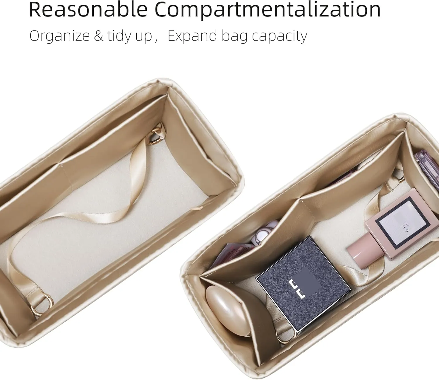 Purse Organizer with Zipper for LV OnTheGo BB/PM/MM/GM,Silky Smooth Insert,Lightweight Bag in Bag,Luxury Handbag Storage Accessories(MM with Zipper,Champagne)
