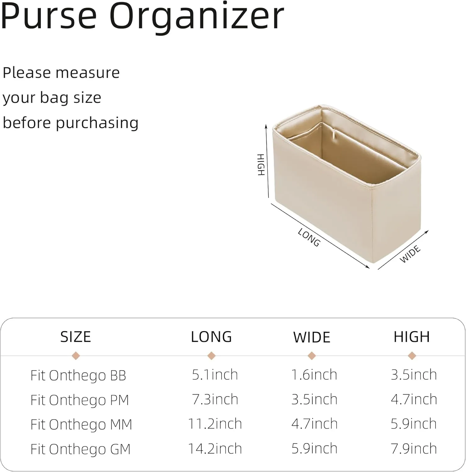 Purse Organizer with Zipper for LV OnTheGo BB/PM/MM/GM,Silky Smooth Insert,Lightweight Bag in Bag,Luxury Handbag Storage Accessories(MM with Zipper,Champagne)