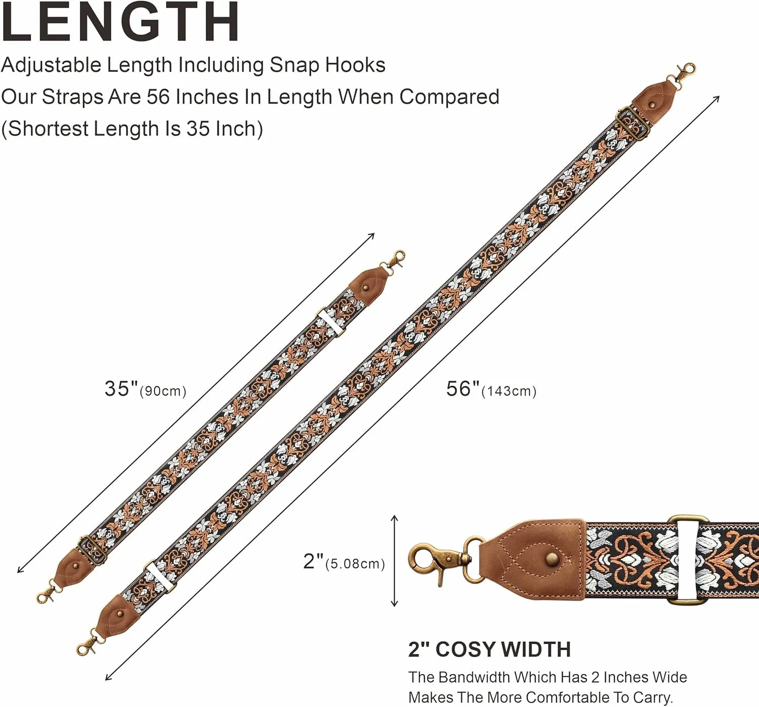 Purse Strap-2"Crazy Horse Leather Wide Shoulder Strap Adjustable Replacement,Jacquard Embroidery Bag Straps