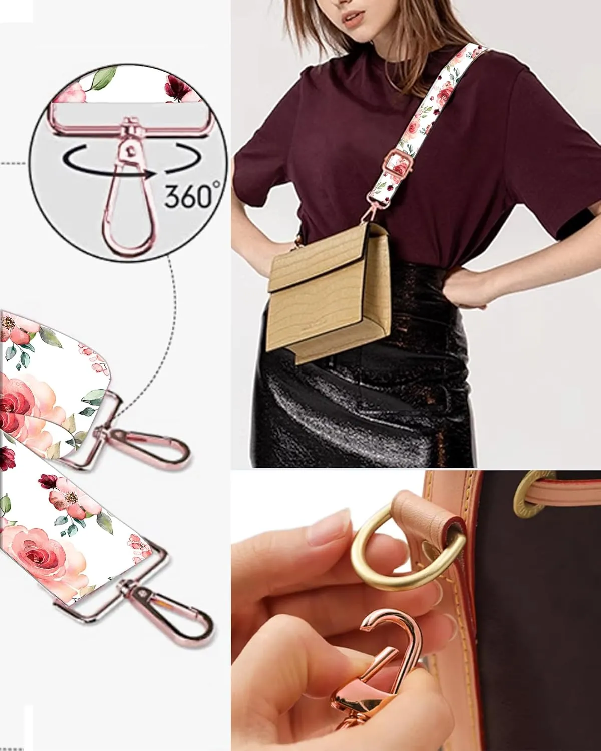 Purse Straps Rose Gold Buckles Wide Shoulder Strap,Fashion Adjustable Replacement Belt for Crossbody Canvas Bag Handbag(Pink Floral Flower)
