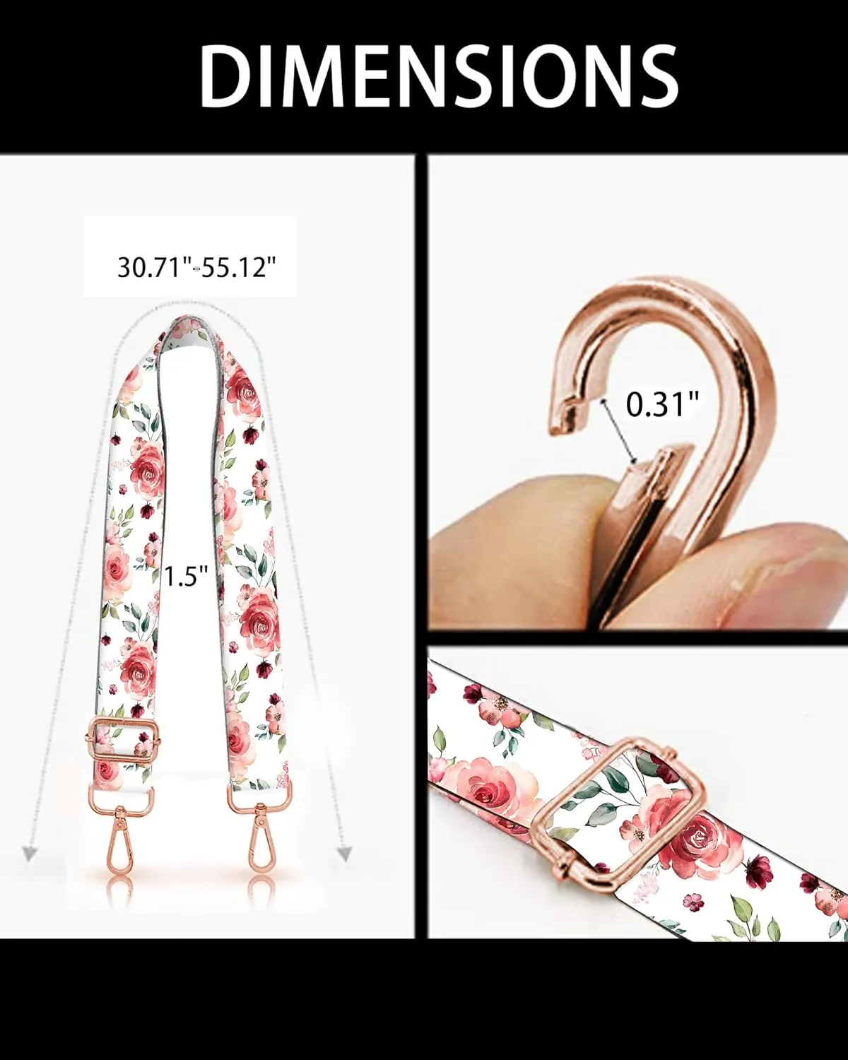 Purse Straps Rose Gold Buckles Wide Shoulder Strap,Fashion Adjustable Replacement Belt for Crossbody Canvas Bag Handbag(Pink Floral Flower)