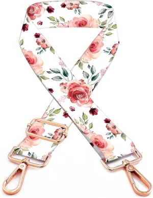 Purse Straps Rose Gold Buckles Wide Shoulder Strap,Fashion Adjustable Replacement Belt for Crossbody Canvas Bag Handbag(Pink Floral Flower)