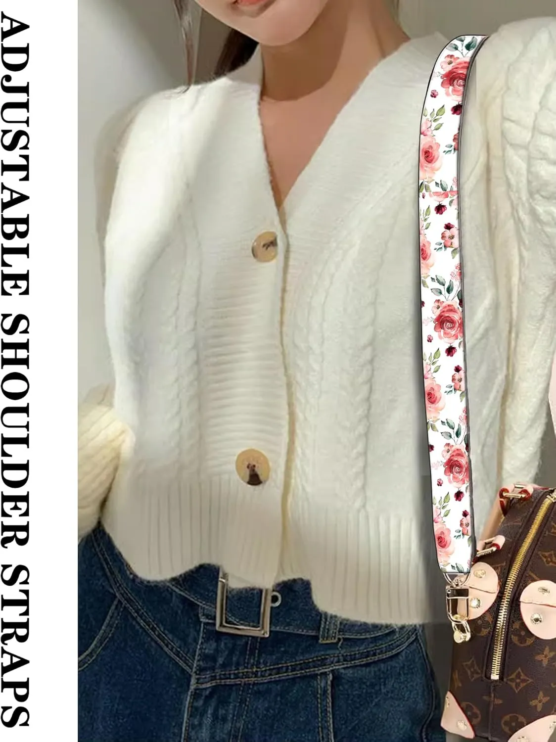 Purse Straps Rose Gold Buckles Wide Shoulder Strap,Fashion Adjustable Replacement Belt for Crossbody Canvas Bag Handbag(Pink Floral Flower)