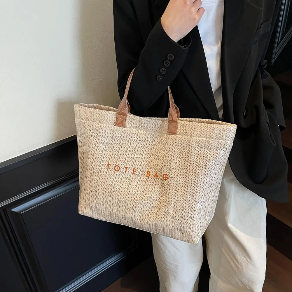 PVC Tote Bag for Women Plastic Straw Tote Bag Large Letters Print Handbag