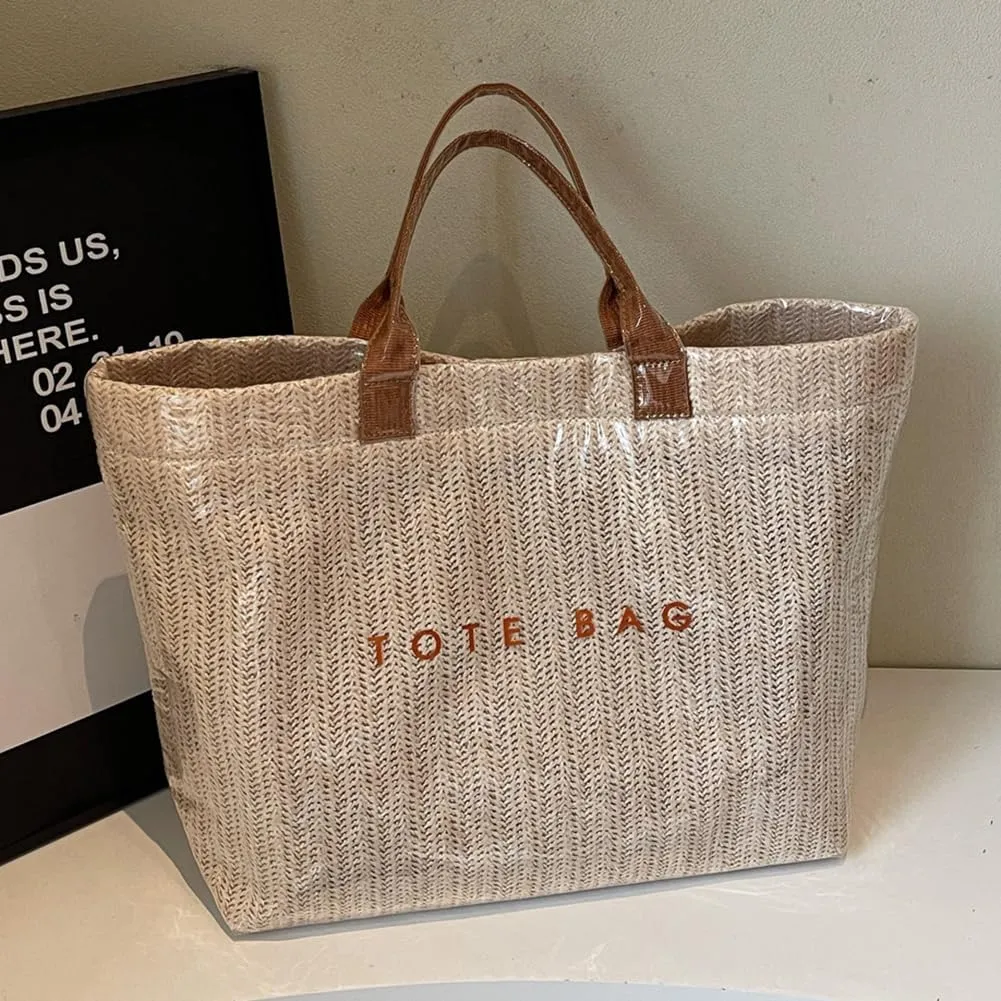 PVC Tote Bag for Women Plastic Straw Tote Bag Large Letters Print Handbag