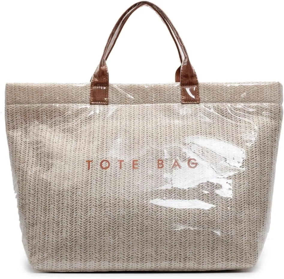PVC Tote Bag for Women Plastic Straw Tote Bag Large Letters Print Handbag
