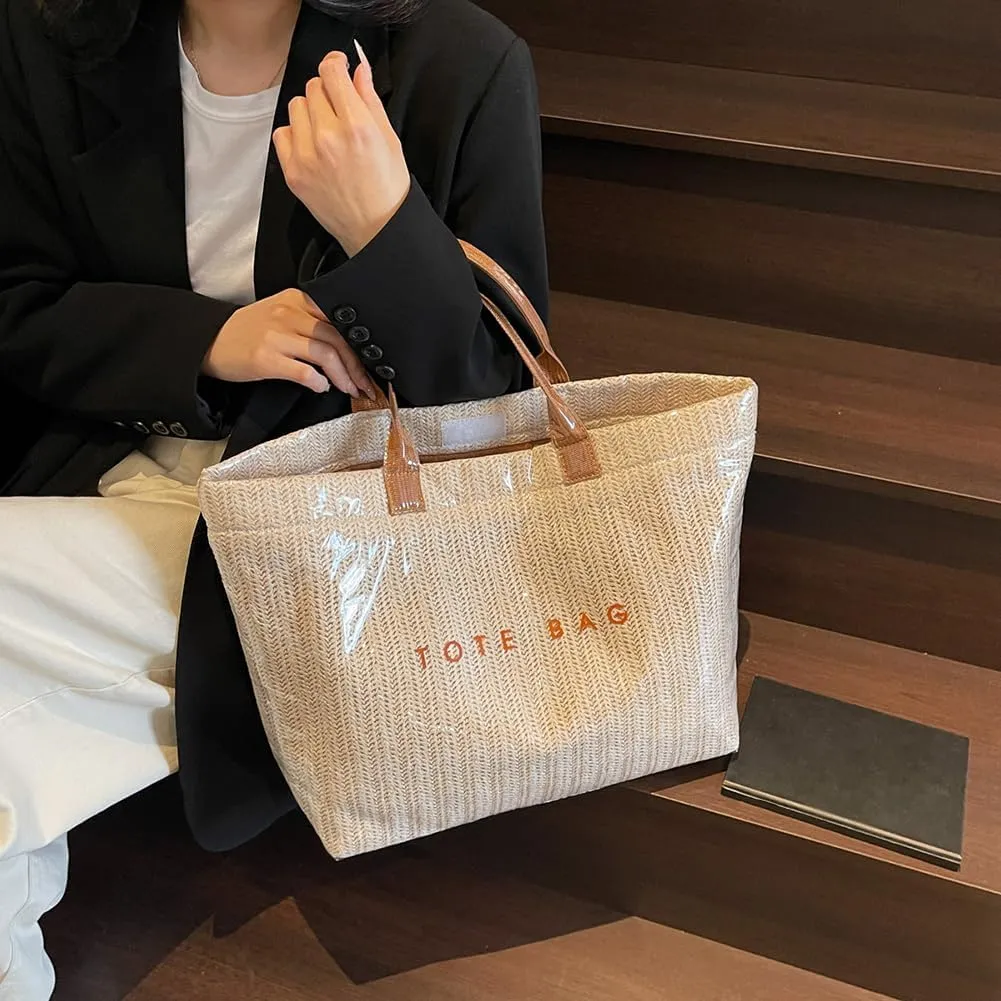 PVC Tote Bag for Women Plastic Straw Tote Bag Large Letters Print Handbag
