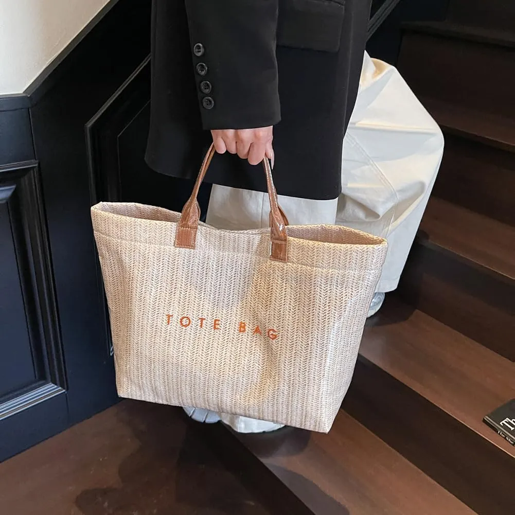 PVC Tote Bag for Women Plastic Straw Tote Bag Large Letters Print Handbag