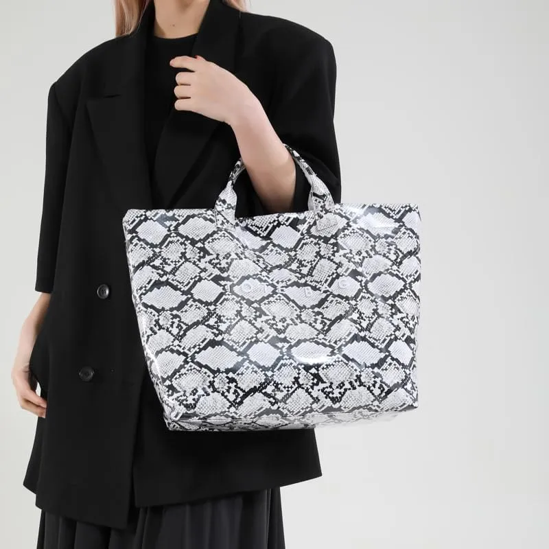 PVC Tote Bag for Women,Snake Skin Print Purse Large Work Tote Bag Clear Plastic Kraft Paper Hobo Bag with Top-Handle