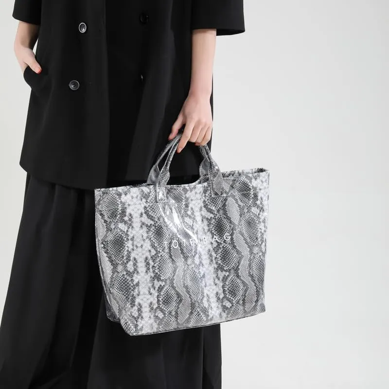 PVC Tote Bag for Women,Snake Skin Print Purse Large Work Tote Bag Clear Plastic Kraft Paper Hobo Bag with Top-Handle