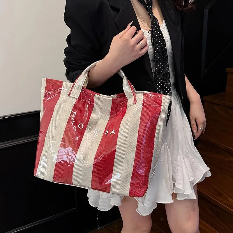PVC Tote Bag Women's Letters Print Handbags Large Kraft Paper Shoulder Bag Clear Plastic Hobo Bags Top Handle Shopping Bags