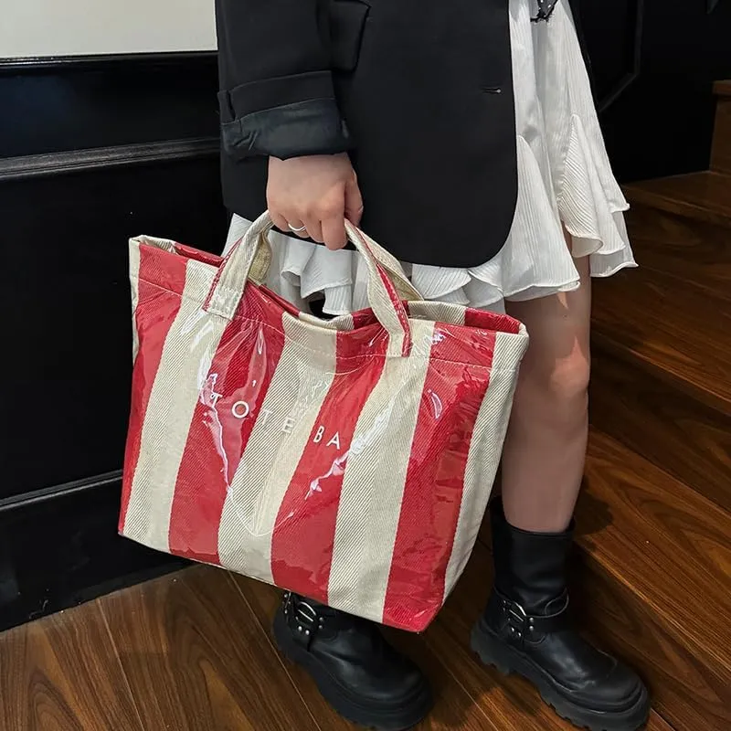 PVC Tote Bag Women's Letters Print Handbags Large Kraft Paper Shoulder Bag Clear Plastic Hobo Bags Top Handle Shopping Bags