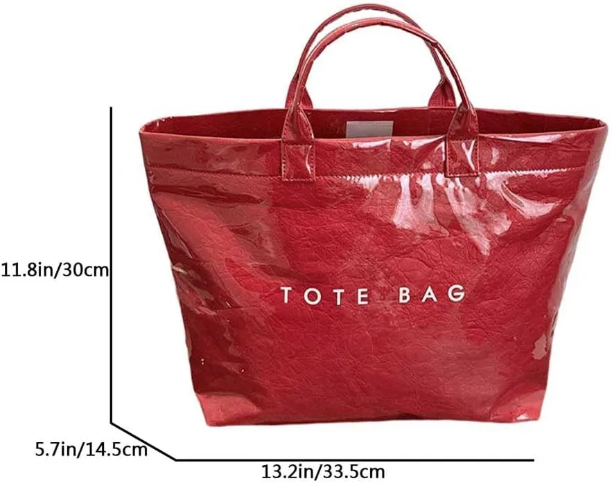 PVC Tote Bag Women's Letters Print Large Kraft Paper Carry All Bag Top Handle Clear Hobo Handbag Easy to Clean