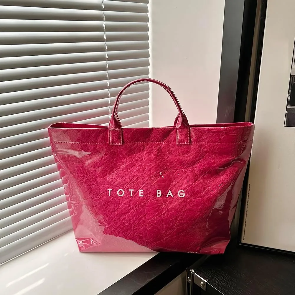 PVC Tote Bag Women's Letters Print Large Kraft Paper Carry All Bag Top Handle Clear Hobo Handbag Easy to Clean