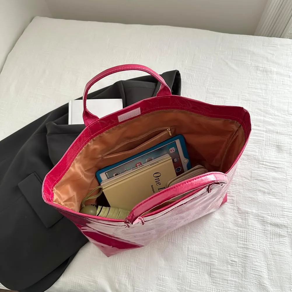 PVC Tote Bag Women's Letters Print Large Kraft Paper Carry All Bag Top Handle Clear Hobo Handbag Easy to Clean