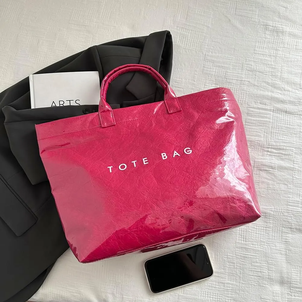 PVC Tote Bag Women's Letters Print Large Kraft Paper Carry All Bag Top Handle Clear Hobo Handbag Easy to Clean