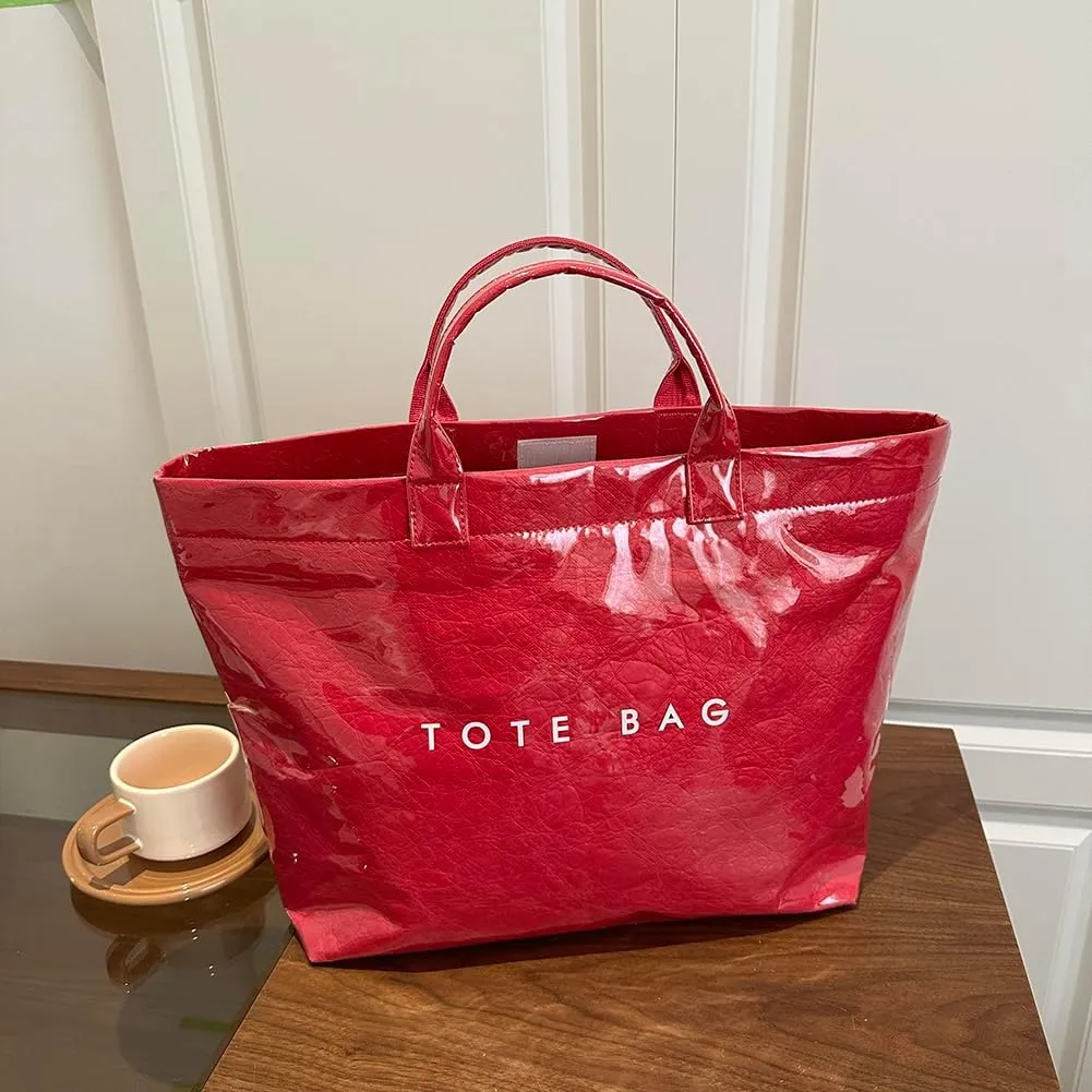 PVC Tote Bag Women's Letters Print Large Kraft Paper Carry All Bag Top Handle Clear Hobo Handbag Easy to Clean