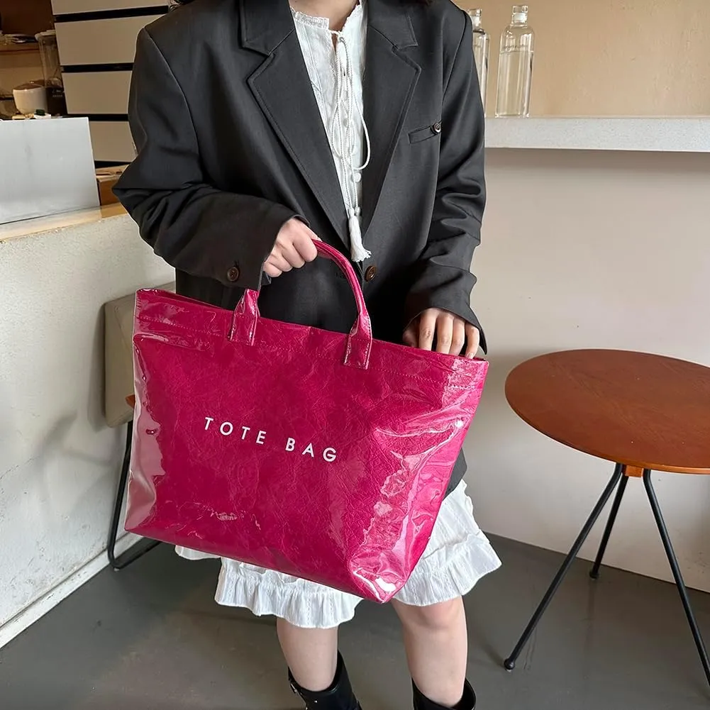 PVC Tote Bag Women's Letters Print Large Kraft Paper Carry All Bag Top Handle Clear Hobo Handbag Easy to Clean