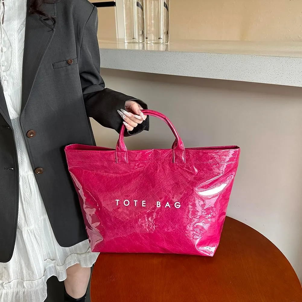 PVC Tote Bag Women's Letters Print Large Kraft Paper Carry All Bag Top Handle Clear Hobo Handbag Easy to Clean