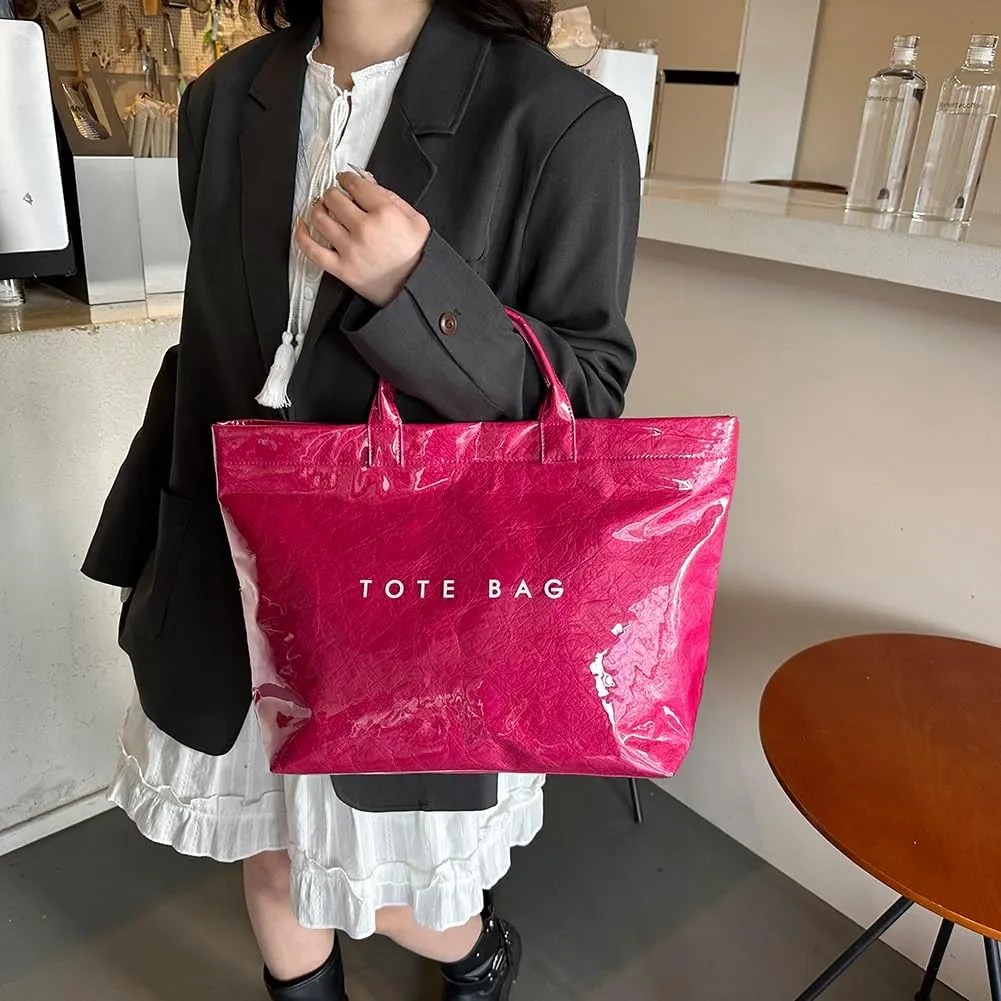 PVC Tote Bag Women's Letters Print Large Kraft Paper Carry All Bag Top Handle Clear Hobo Handbag Easy to Clean