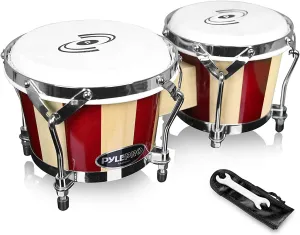 Pyle Hand Crafted Bongo Drums - Pair of Wooden Bongo Drums, 6.5 & 7.5 Inch - PBND10